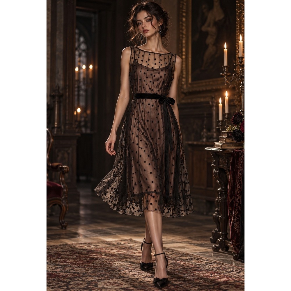 Sandra Darren Vintage Y2K Mesh Dress 10 Flocked Polka Dot Sheer Romantic Goth